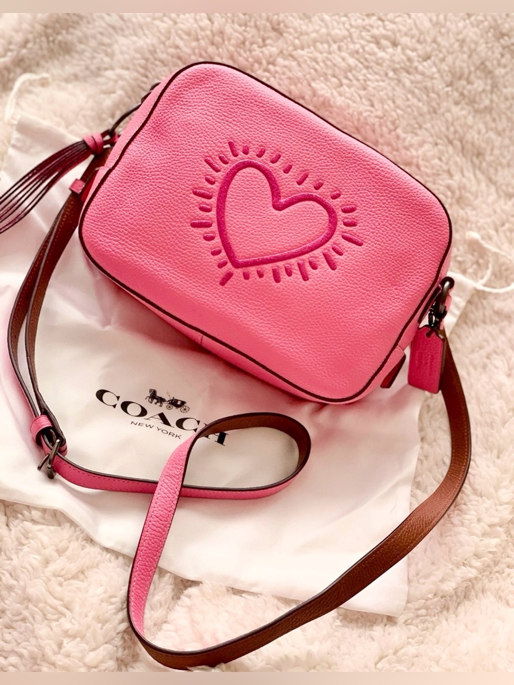 NWT Coach X Keith Haring Camera Bag GLITTER XBODY 28647 Bright Pink W Dust Bag